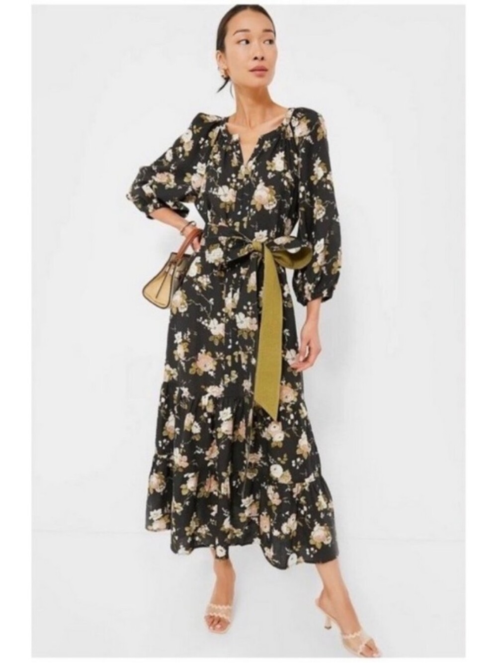Tuckernuck Lyles Black Floral Maxi Dress with Olive Waist Tie